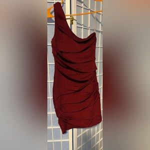 Burgundy Mimi one shoulder cocktail dress.